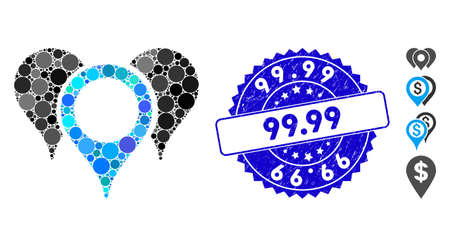 Mosaic map markers icon and rubber stamp seal with 99.99 text. Mosaic vector is composed from map markers pictogram and with scattered spheric items. 99.99 stamp seal uses blue color,のイラスト素材