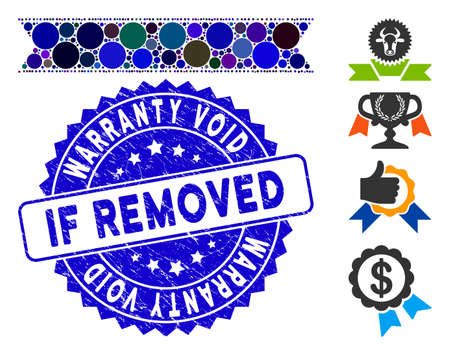Mosaic striped ribbon icon and corroded stamp seal with Warranty Void If Removed caption. Mosaic vector is created with striped ribbon icon and with random circle items.のイラスト素材