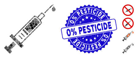 Mosaic injection icon and rubber stamp seal with 0% Pesticide text. Mosaic vector is formed with injection pictogram and with random spheric spots. 0% Pesticide stamp seal uses blue color,のイラスト素材