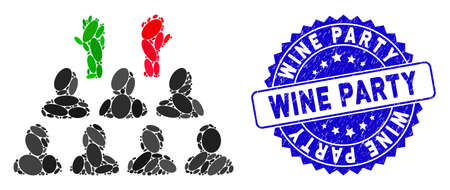 Mosaic democratization icon and rubber stamp seal with Wine Party phrase. Mosaic vector is composed with democratization icon and with randomized ellipse items. Wine Party stamp seal uses blue color,のイラスト素材