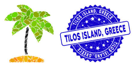 Mosaic island tropic palm icon and rubber stamp watermark with Tilos Island, Greece text. Mosaic vector is formed with island tropic palm icon and with scattered elliptic elements. Tilos Island,のイラスト素材
