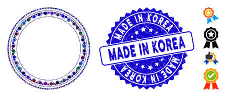 Mosaic round rosette seal icon and rubber stamp seal with Made in Korea phrase. Mosaic vector is composed with round rosette seal icon and with random spheric items.のイラスト素材