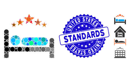 Collage star hotel bed icon and rubber stamp seal with United States Standards text. Mosaic vector is created with star hotel bed icon and with random spheric elements.のイラスト素材