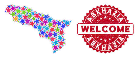 Color Abkhazia map mosaic of stars, and scratched rounded red WELCOME stamp. Abstract geographic scheme in colorful color tinges. Vector Abkhazia map is organized of color stars.のイラスト素材