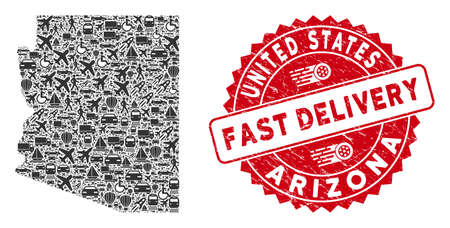 Shipping collage Arizona State map and rubber stamp watermark with FAST DELIVERY phrase. Arizona State map collage created with gray random delivery elements.のイラスト素材