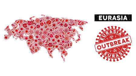 Infected collage Eurasia map and red rubber stamp watermark with OUTBREAK badge. Eurasia map collage designed with scattered virus symbols. Red rounded OUTBREAK watermark with dirty texture.のイラスト素材