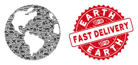 Delivery collage Earth globe and rubber stamp seal with FAST DELIVERY message. Earth globe collage constructed with grey scattered transportation symbols.のイラスト素材