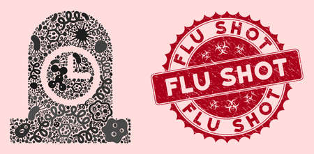 Fever mosaic expired grave icon and rounded distressed stamp seal with Flu Shot caption. Mosaic vector is composed with expired grave pictogram and with randomized epidemic symbols.のイラスト素材