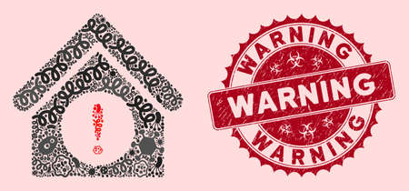 Contagion mosaic exclamation building icon and round corroded stamp watermark with Warning text. Mosaic vector is formed with exclamation building icon and with random amoeba icons.のイラスト素材