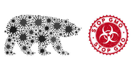 Coronavirus collage bear icon and round corroded stamp seal with Stop GMO text. Mosaic vector is designed with bear icon and with scattered bacteria elements. Stop GMO stamp seal uses biohazard style,のイラスト素材