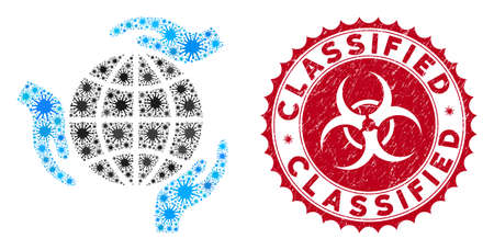 Coronavirus mosaic global protection icon and round distressed stamp watermark with Classified text....