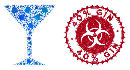 Coronavirus mosaic alcohol glass icon and rounded grunge stamp watermark with 40% Gin text. Mosaic vector is created with alcohol glass icon and with random contagion objects.のイラスト素材