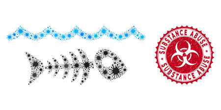 Coronavirus mosaic water pollution icon and round rubber stamp seal with Substance Abuse caption. Mosaic vector is composed with water pollution pictogram and with randomized bacillus objects.のイラスト素材
