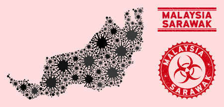 Coronavirus collage Sarawak State map and red grunge stamp watermarks with biohazard symbol. Sarawak State map collage designed with randomized microbe elements. Red round outbreak danger stamp,のイラスト素材