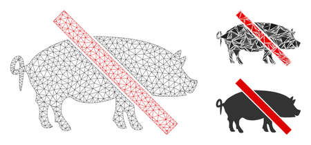 Mesh forbidden pork model with triangle mosaic icon. Wire carcass triangular mesh of forbidden pork. Vector mosaic of triangle elements in variable sizes, and color hues.のイラスト素材