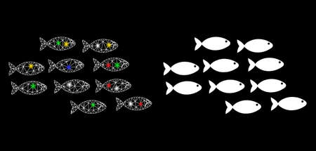 Glossy mesh school of fish icon with glitter effect. Abstract illuminated model of school of fish. Shiny wire carcass triangular mesh school of fish icon. Vector abstraction on a black background.のイラスト素材