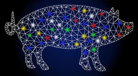 Glowing mesh pig with lightspot effect. Abstract illuminated model of pig. Shiny wire frame polygonal mesh pig icon. Vector abstraction on a dark blue gradient background.のイラスト素材