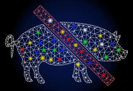 Glossy mesh forbidden pork with glitter effect. Abstract illuminated model of forbidden pork. Shiny wire carcass polygonal mesh forbidden pork icon.のイラスト素材