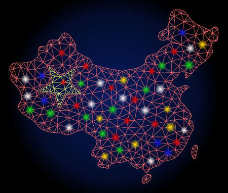 Glowing mesh China map with glow effect. Abstract illuminated model of China map. Shiny wire frame triangular mesh China map icon. Vector abstraction on a dark blue gradient background.のイラスト素材