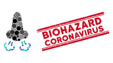 Collage nose breath icon and corroded stamp seal with Biohazard Coronavirus caption between double parallel lines. Mosaic vector is designed with nose breath icon and with scattered circle elements.のイラスト素材