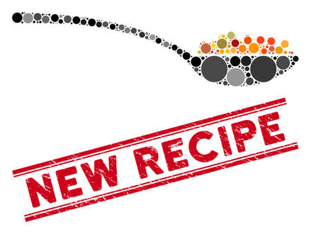 Mosaic caviar spoon icon and rubber stamp seal with New Recipe phrase between double parallel lines. Mosaic vector is formed from caviar spoon icon and with randomized spheric elements.のイラスト素材