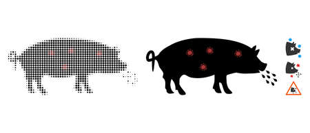 Pig plague halftone vector icon and solid version. Illustration style is dotted iconic Pig plague icon symbol on a white background. Halftone matrix is circle elements. Some bonus pictograms.のイラスト素材