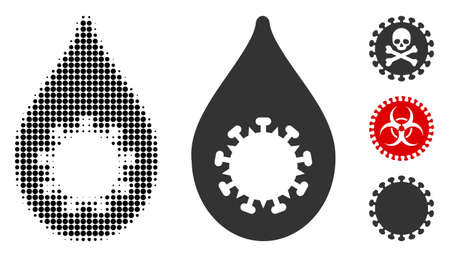 Virus drop halftone vector icon and solid version. Illustration style is dotted iconic Virus drop icon symbol on a white background. Halftone matrix is circle elements. Some bonus icons.のイラスト素材