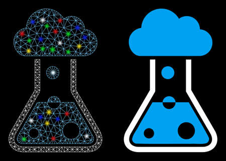 Glowing mesh smog flask icon with glow effect. Abstract illuminated model of smog flask. Shiny wire frame triangular mesh smog flask icon. Vector abstraction on a black background.のイラスト素材