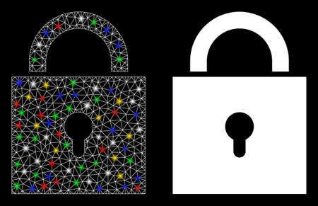 Glossy mesh lock icon with glitter effect. Abstract illuminated model of lock. Shiny wire frame triangular mesh lock icon. Vector abstraction on a black background.のイラスト素材