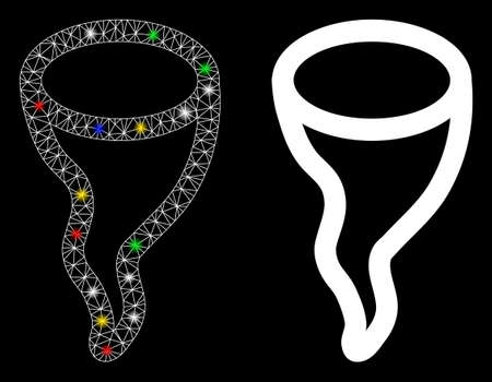Glowing mesh vortex icon with glare effect. Abstract illuminated model of vortex. Shiny wire frame triangular mesh vortex icon. Vector abstraction on a black background.のイラスト素材