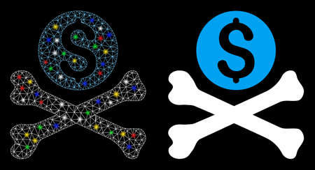 Glossy mesh mortal debt icon with glare effect. Abstract illuminated model of mortal debt. Shiny wire frame polygonal mesh mortal debt icon. Vector abstraction on a black background.のイラスト素材