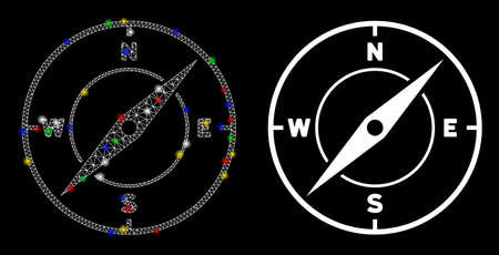 Flare mesh compass icon with glare effect. Abstract illuminated model of compass. Shiny wire frame polygonal mesh compass icon. Vector abstraction on a black background.のイラスト素材