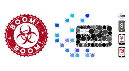 Mosaic digital credit card icon and grunge stamp seal with Boom! caption and biohazard symbol. Mosaic vector is designed with digital credit card icon and with scattered circle spots.のイラスト素材