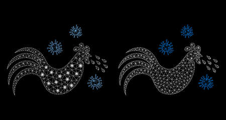 Glossy mesh bird flu with glow effect. Abstract illuminated model of bird flu icon. Shiny wire frame polygonal mesh bird flu icon. Vector abstraction on a black background.のイラスト素材