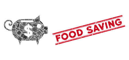 Mosaic piggy bank icon and red Food Saving seal between double parallel lines. Flat vector piggy bank mosaic icon of randomized rotated rectangle elements.のイラスト素材
