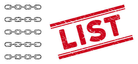 Mosaic blockchain list pictogram and red List seal stamp between double parallel lines. Flat vector blockchain list mosaic pictogram of scattered rotated rectangular items.のイラスト素材