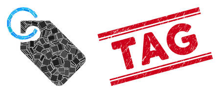 Mosaic tag pictogram and red Tag seal stamp between double parallel lines. Flat vector tag mosaic pictogram of randomized rotated rectangular items. Red Tag seal with scratched textures.のイラスト素材