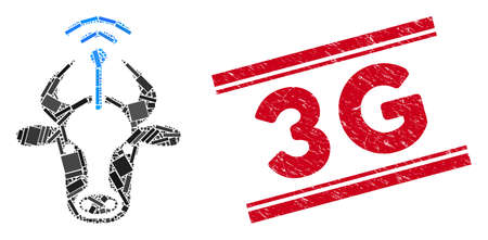 Mosaic cow radio transmitter pictogram and red 3G seal stamp between double parallel lines. Flat...