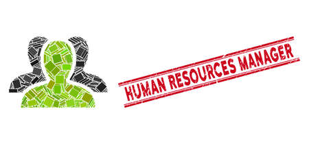 Mosaic client group pictogram and red Human Resources Manager seal stamp between double parallel lines. Flat vector client group mosaic pictogram of random rotated rectangular items.のイラスト素材