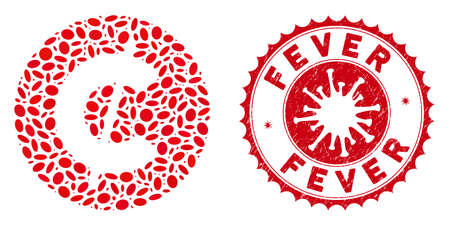Collage cent coin icon and red rounded grunge stamp seal with Fever text and coronavirus symbol. Mosaic vector is composed with cent coin icon and with scattered elliptic spots.のイラスト素材