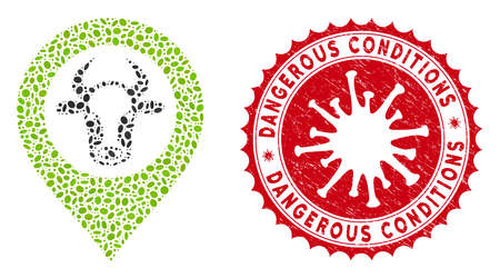 Mosaic cow map marker icon and red rounded rubber stamp seal with Dangerous Conditions caption and coronavirus symbol.のイラスト素材