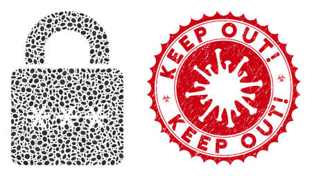 Mosaic digital lock icon and red round corroded stamp watermark with Keep Out! caption and coronavirus symbol. Mosaic vector is formed with digital lock icon and with randomized elliptic elements.のイラスト素材