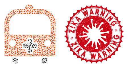 Mosaic medical bus icon and red rounded distressed stamp watermark with Zika Warning caption and coronavirus symbol. Mosaic vector is designed with medical bus icon and with scattered ellipse items.のイラスト素材
