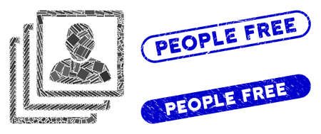Mosaic user accounts and grunge stamp seals with People Free caption. Mosaic vector user accounts is created with random rectangle items. People Free stamp seals use blue color,のイラスト素材