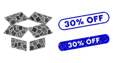 Mosaic open box and rubber stamp watermarks with 30% Off text. Mosaic vector open box is designed with randomized rectangle items. 30% Off stamp seals use blue color, and have round rectangle shape.のイラスト素材