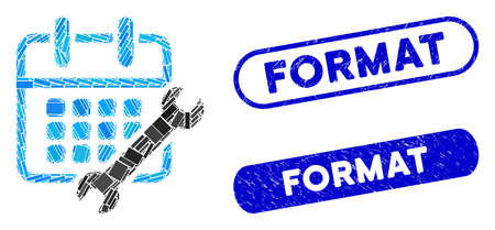 Mosaic calendar configure and rubber stamp seals with Format phrase. Mosaic vector calendar configure is created with random rectangle items. Format seals use blue color,のイラスト素材