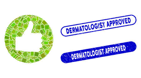 Mosaic thumb up and corroded stamp seals with Dermatologist Approved phrase. Mosaic vector thumb up is created with scattered rectangle items. Dermatologist Approved seals use blue color,のイラスト素材