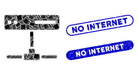 Mosaic network device and distressed stamp seals with No Internet phrase. Mosaic vector network device is created with random rectangle items. No Internet seals use blue color,のイラスト素材