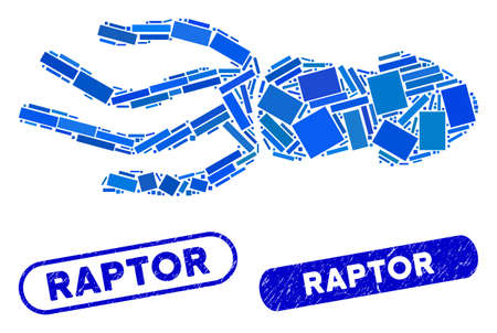 Mosaic squid and corroded stamp seals with Raptor caption. Mosaic vector squid is formed with scattered rectangles. Raptor stamp seals use blue color, and have round rectangle shape.のイラスト素材