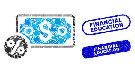 Mosaic banknote percent and grunge stamp seals with Financial Education text. Mosaic vector banknote percent is composed with random rectangles. Financial Education stamp seals use blue color,のイラスト素材